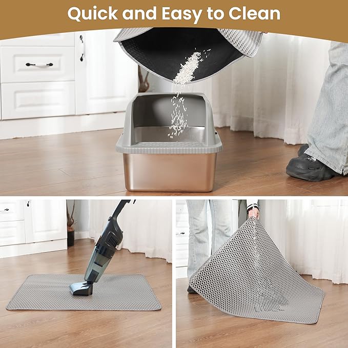 Cat Litter Mat 30x24 Inches, Honeycomb Double Layer Traps Litter & Waterproof Leatherette Bottom Prevents Urine Leaks, Durable & Easy Clean Pet Floor Protector for Cat Litter Box Area（Grey）