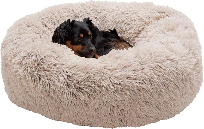 Furhaven 30" Round Calming Donut Dog Bed for Medium/Small Dogs, Refillable w/ Removable Washable Cover, For Dogs Up to 45 lbs - Shaggy Plush Long Faux Fur Donut Bed - Taupe, Medium