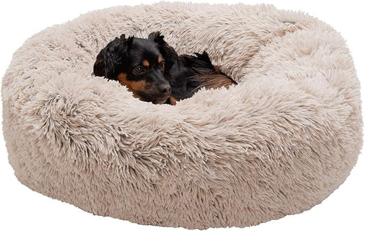 Furhaven 30" Round Calming Donut Dog Bed for Medium/Small Dogs, Refillable w/ Removable Washable Cover, For Dogs Up to 45 lbs - Shaggy Plush Long Faux Fur Donut Bed - Taupe, Medium