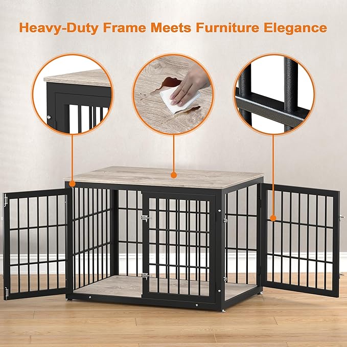 42 Inch Heavy Duty Dog Crate Furniture for Large and Medium Dogs, Decorative Pet House End Table, Wooden Cage Kennel Furniture Indoor, Grey