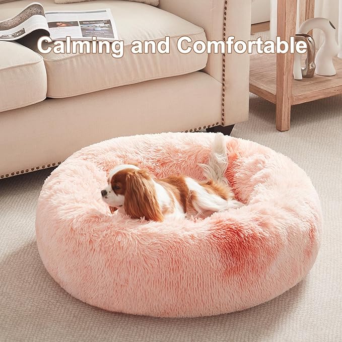 30 inches Donut Dog Bed for Medium Dogs,Calming Fluffy Round Pet Bed with Removable & Washable Cover,Fits up to 45 lbs Pets(Tie-dye Pink,Medium)