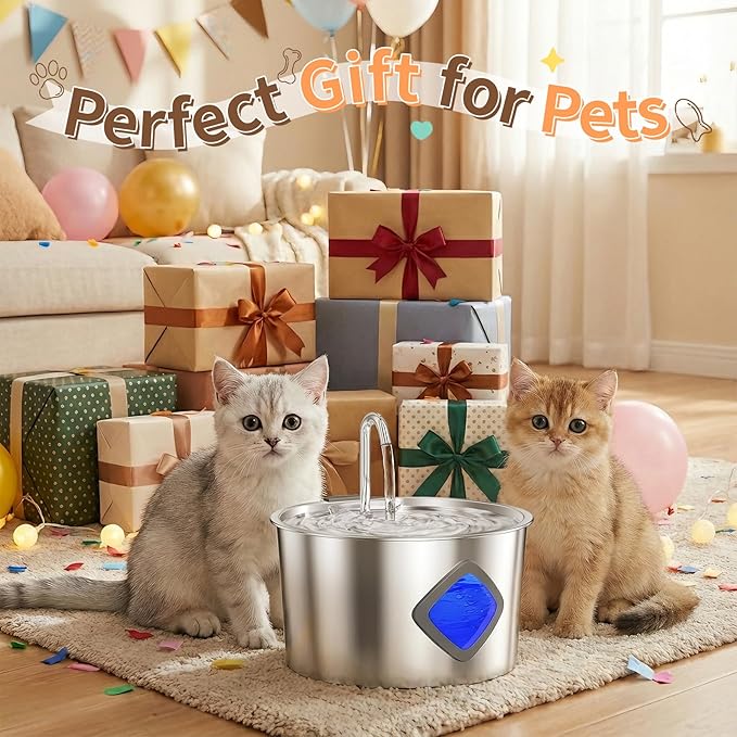 Cat Water Fountain Stainless Steel: 108oz/3.2L Automatic Pet Water Fountain for Cats Indoor- Quiet Cat Water Bowl Dispenser- Drinking Fountain for Small Dogs & Kitties-4 Filters + 4 Sponges