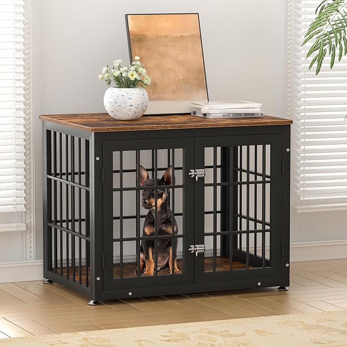 32 Inch Heavy Duty Dog Crate Furniture for Medium and Small Dogs, Decorative Pet House End Table, Wooden Cage Kennel Furniture Indoor, Rustic Brown