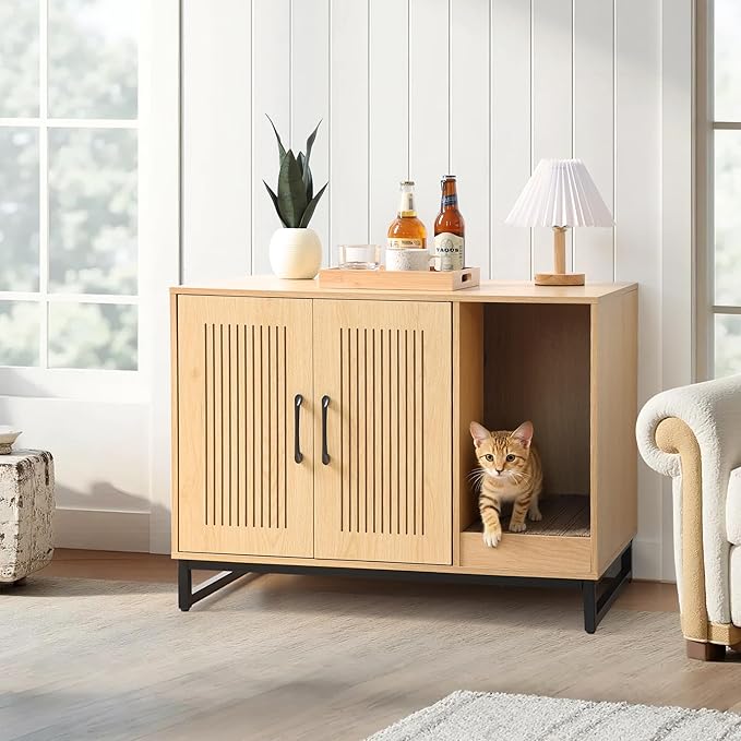 Litter Box Enclosure, Cat Litter Box Furniture with Scratching Mat, Large Hidden Litter Box Furniture Pet House, Wooden Cat Washroom Indoor, End Side Table for Hallway (Landing)