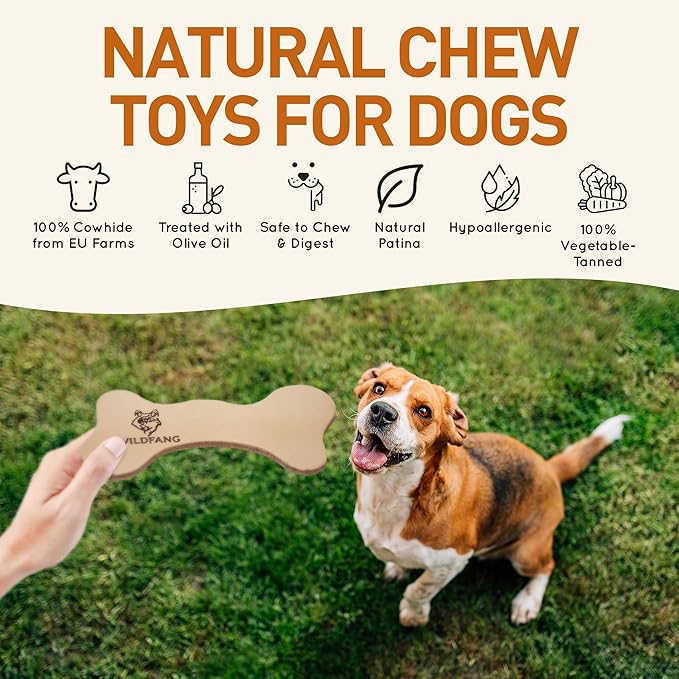 Wildfang® Leather Dog Toy, Large - Leather Bone for Teething Dog, Dental Toys for Puppies, Training for Chewing Muscles, Puppy Chew Bones for Light or Medium Chewers (for Dogs Over 33 lbs), Pack of 3