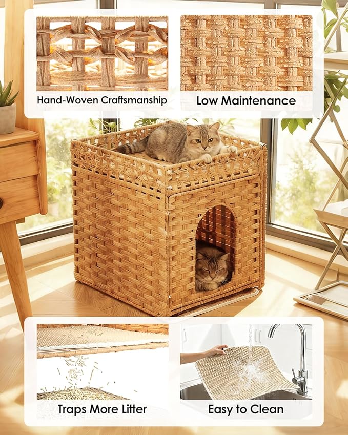 Cat Litter Box Enclosure Furniture - Handwoven Rattan Hidden Litter Box Cover with Mat and Fence, Enclosed Cat Box Furniture for Living Room & Bedroom, Natural Finish, 18.5" x 20.5" x 19.1"