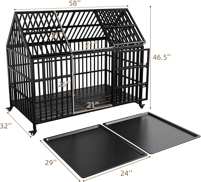 58 inch Heavy Duty Indestructible Dog Crate, New Upgraded Reinforced for Large Dogs,XXL Dog Crate for High Anxiety Dogs/Max Load Capacity 250lbs/Double Door with Wheels