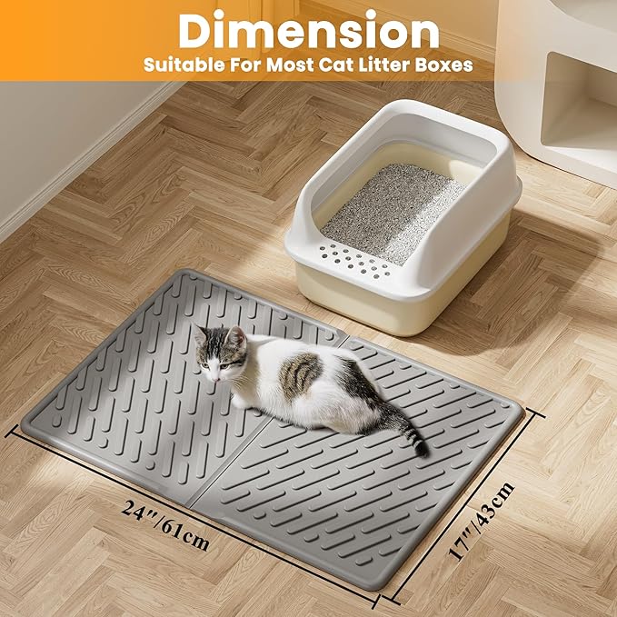 Pieviev Cat Litter Box Mat, 24"x 17" EVA Scratch Resistant Litter Trapping Mat, Easy Clean for Scatter Control, Soft on Kitty Paws, Waterproof & Urine Proof for Indoor Use, Gray