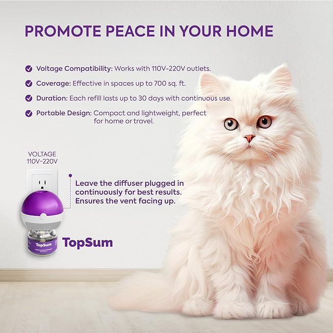 TopSum Cat Pheromones Calming Diffuser: Cat Calming Diffuser for Natural and Gental Behavior – Helps Reduce Scratching Peeing Meowing Hiding Urine Marking Aggression