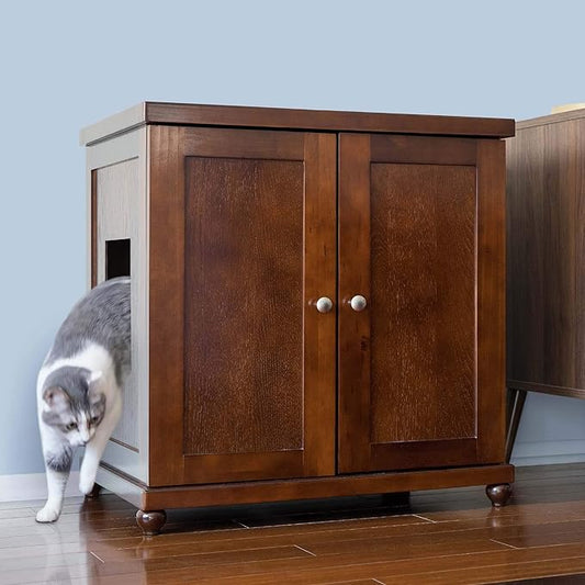 THE REFINED FELINE Cat Litter Box Enclosure Cabinet, Modern, Mahogany Brown, Tulip Feet, Large, Hidden Litter Cat Furniture with Drawer