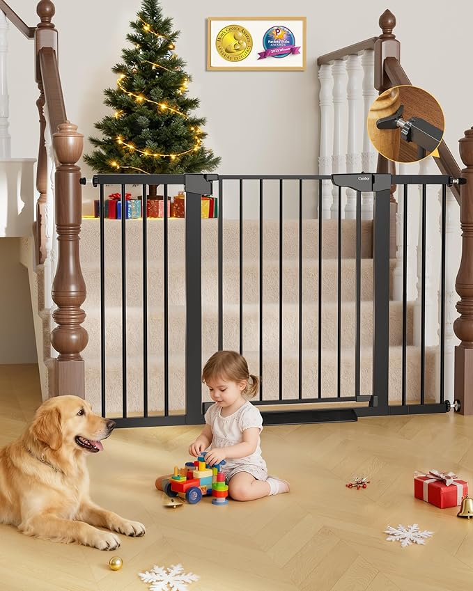 Cumbor 29.7"–51.5" Extra Wide Baby Gate for Stairs, Pressure-Mounted Dog Gates for Doorways & Hallways, Auto-Close Walk-Through, No-Trip Design, Child Proof Safety, Dog/Pet Gate for Indoor Use, Black