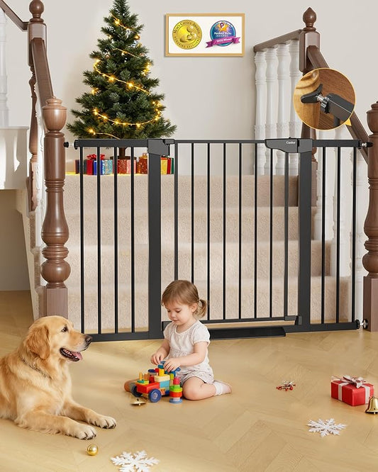 Cumbor 29.7"–51.5" Extra Wide Baby Gate for Stairs, Pressure-Mounted Dog Gates for Doorways & Hallways, Auto-Close Walk-Through, No-Trip Design, Child Proof Safety, Dog/Pet Gate for Indoor Use, Black