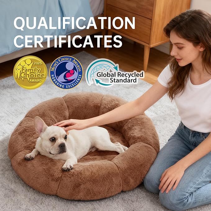 OhGeni 31 inches Calming Donut Orthopedic Dog & Cat Bed for Medium Pets, Warming Comfort Fluffy Short Pile Fur, Durable Waterproof Machine Washable Removable Cover, Cute Round Bed for Puppy, Brown