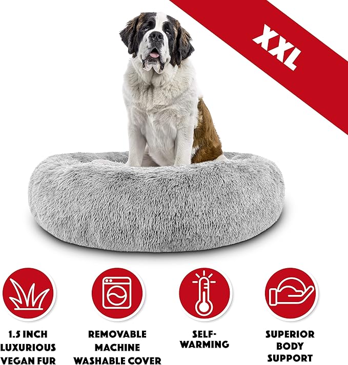 The Dog’s Bed Sound Sleep Donut Dog Bed, XXL Silver Grey Fur Calming Nest Bed Removable Cover, Veterinary Approved