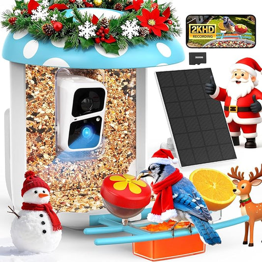 Smart Bird Feeder with Camera 2K Live Real-Time Alert AI Identify with 32G Card DIY Attachments Camera Bird Feeder Solar Powered Wireless Outdoor Birdwatching Gift for Birds Lover, Blue