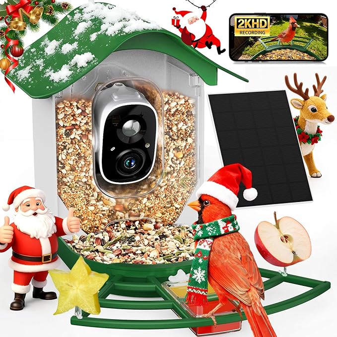 PeckCam® Smart Bird Feeder with Camera 2K HD Auto Detect & Notify, AI Identify 10000+ Birds Camera with Solar Panel 5 Perch Attachments Wireless Outdoor Birdwatching Gift for Birds Lover, Green