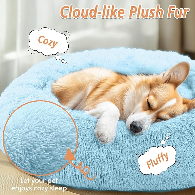 JOLLYVOGUE Calming Small Dog & Cat Bed for Indoor Cats - 20 inches Washable Donut Bed for Kittens & Puppies, Anti-Anxiety Round Fluffy Plush Pet Beds (Fits up to 15 lbs, Light Blue)