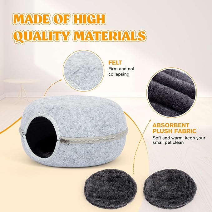 Guinea Pig Hideout 2 Pack, Double Function Guinea Pig Bed with 3 Soft Cushions, Small Animal Cage Accessories for Guinea Pigs, Hamsters, Hedgehogs, and Ferrets (Light Grey & Light Grey)