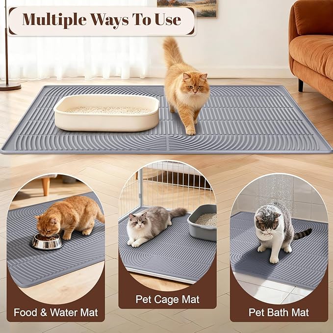 Rubber XXL Cat Litter Mat, 47" x 35" Waterproof Urine Proof Cat Litter Trapping Mat, Easy Clean Litter Box Mat and Anti-Slip Kitty Litter Catcher Mat, Grey