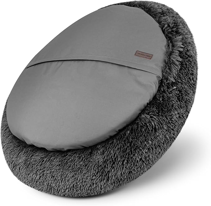 The Dog's Bed Sound Sleep Donut Dog Bed, Grey Fur Large Removable Cover Calming Nest Bed, Veterinary Approved