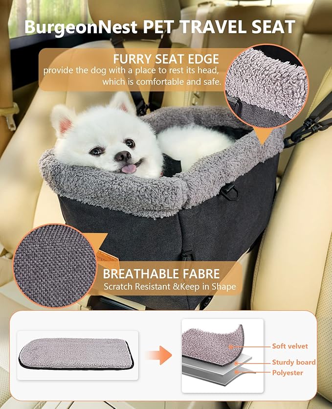 BurgeonNest Dog Carseat for Small Dog, Upgraded Console Pet Booster Seat with Metal Frame, Pet Carseat with Double Protection Seat Belts, Washable Cushion, Safety Leash and Storage Pocket(Large)
