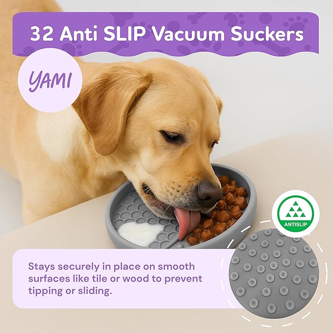 YAMI Bowl Lick Mat for Dogs & Cats, Slow Feeder Bowls, Cat Slow Feeder, Dog Enrichment Toys with Suction Cup for Anxiety Relief, Food-Grade Silicone, Dishwasher Fit, for All Breed (Light Gray)