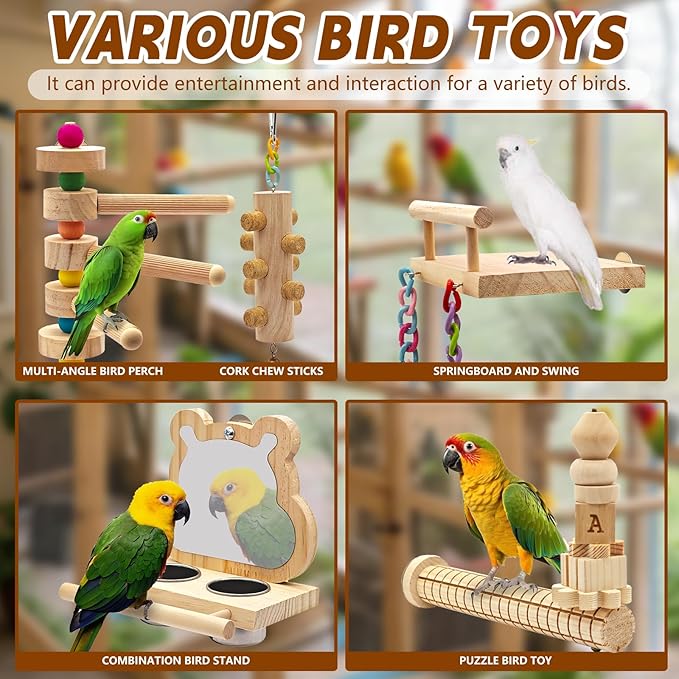 5PCS Bird Perch and Toy Set. Includes a Perch, Feeder, Swing, and Chew Toy. Hangable Natural Solid Wood Birdcage Accessories, Suitable for Small Budgies, Cockatiels, Conures, Lovebirds, Etc.