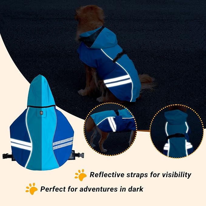Dog Raincoat for Medium Large Extra Large Dogs, Waterproof Rain Jacket with Reflective Strap, Lightweight Hoodies Full-Body Coverage Dry Clothes (2XL, Blue)