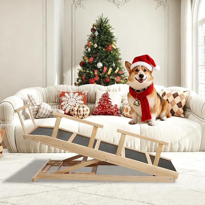 Dog Ramp for Bed PANTAZO Adjustable Ramps for Small Dogs to Get on Bed, Up to 28.5 Inches, 48'' Long,120lbs with Anti-Slip Grip & Safety Rail