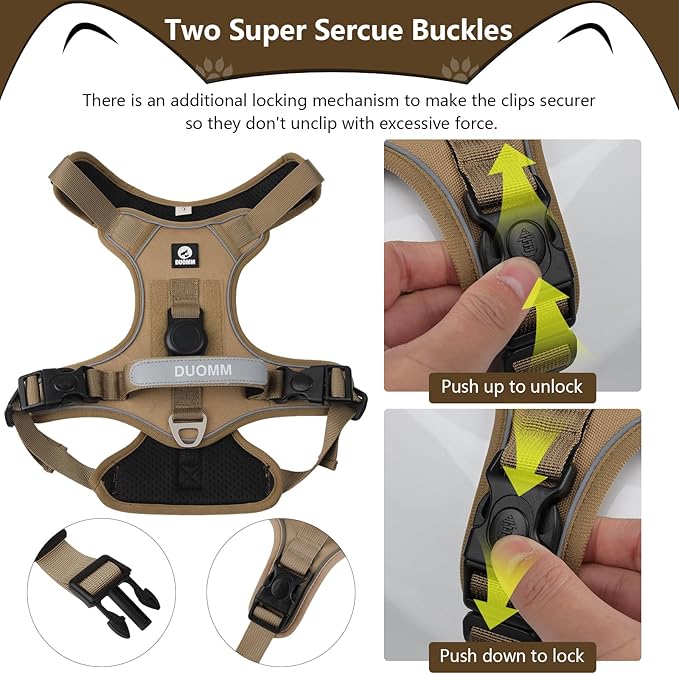 Dog Harness No Pull with Airtag Holder, Reflective Adjustable Vest with Handle for Large Dogs, Escape-Proof and No Choke, Ideal for Training, Walking & Hiking (Khaki, L)