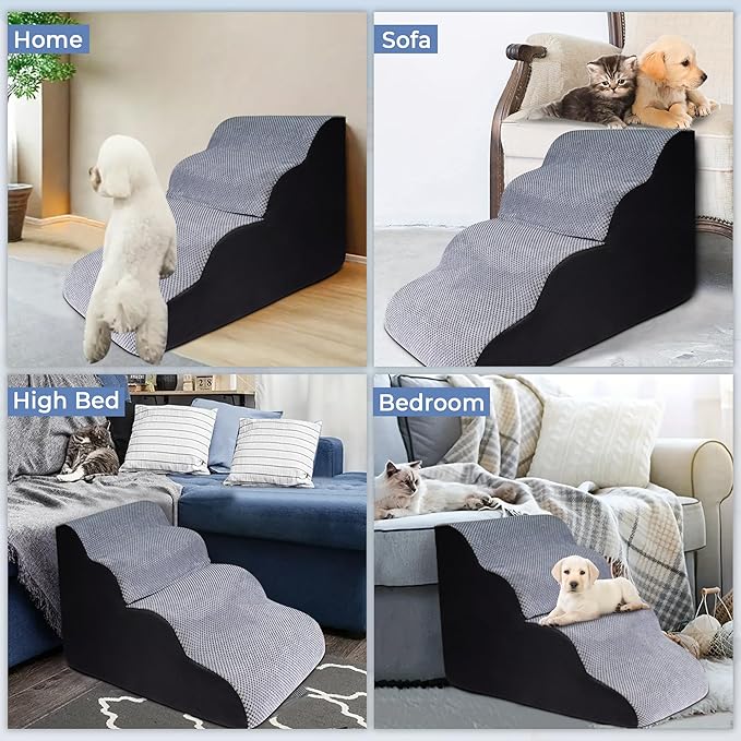 4 Steps Pet Stairs for Small Dogs, 19” High Curved Dog Stairs for Bed with Non-Slip Base, High-Density Foam, and Removable Washable Cover