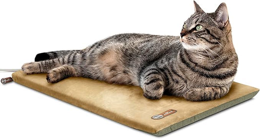 K&H Pet Products Heated Cat Bed Pad for Indoor Cats, Thermo-Kitty Mat Calming Warm Pet Heating Pad for Inside Pets, Machine Washable, Waterproof Heater, Safety Listed - 12.5 X 25in Sage/Tan
