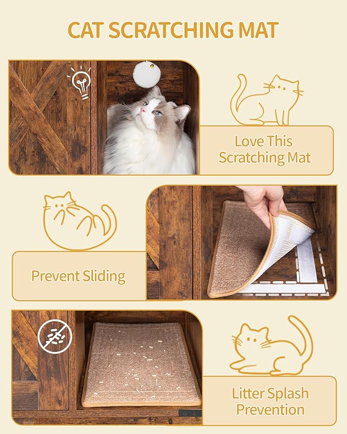 Cat Litter Box Enclosure, Hidden Litter Box Cabinet Furniture with Bell, Indoor Cats House, Farmhouse Style, 39.4 x 21.7X 24.8 Inches for Hallway, Bedroom, Rustic and Black CB85201X