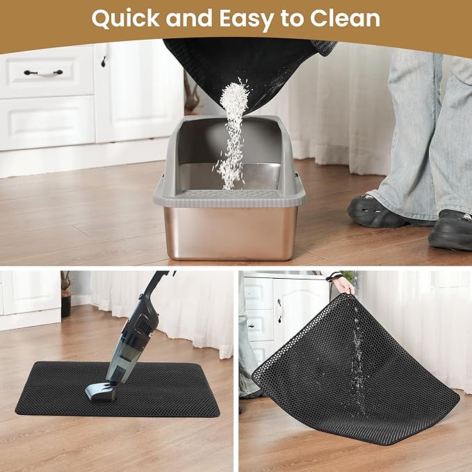 Cat Litter Mat 24x18 Inches, Honeycomb Double Layer Traps Litter & Waterproof Leatherette Bottom Prevents Urine Leaks, Durable & Easy Clean Pet Floor Protector for Cat Litter Box Area（Black）