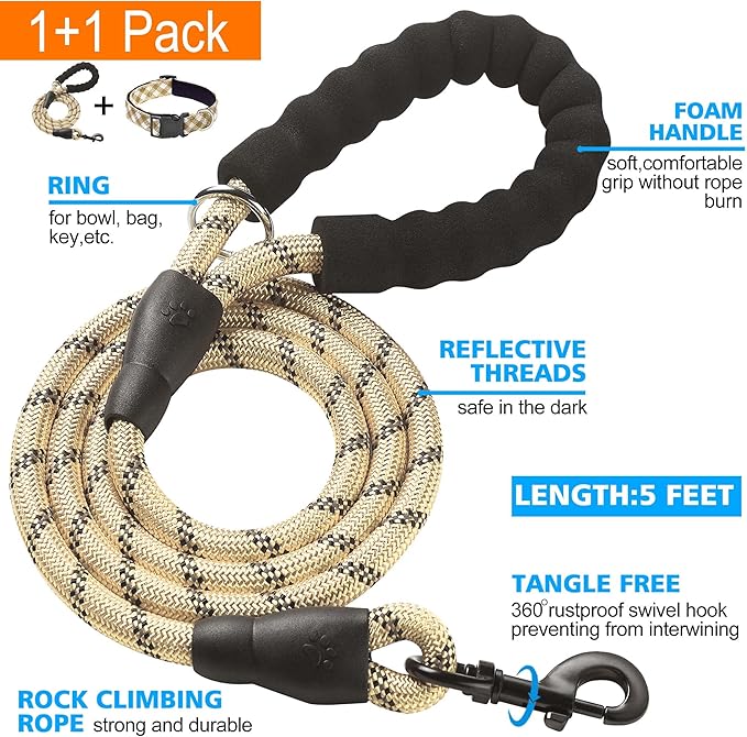 Reflective Dog Collar Padded with Soft Neoprene Breathable Adjustable Nylon Dog Collars for Small Medium Large Dogs (Small (Pack of 1), Vanilla Plaid Collar+Leash)