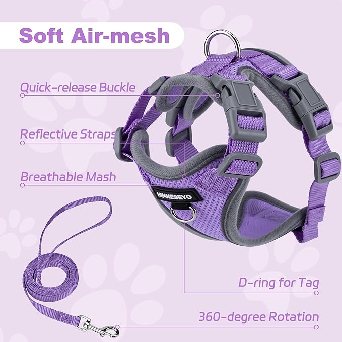 Small Dog Harness and Leash Set，No Pull Adjustable Pet Harness for Small Dogs ，Breathable Mesh Rflective Dog Vest Harness ，Pink,S (Light Purple, XS)