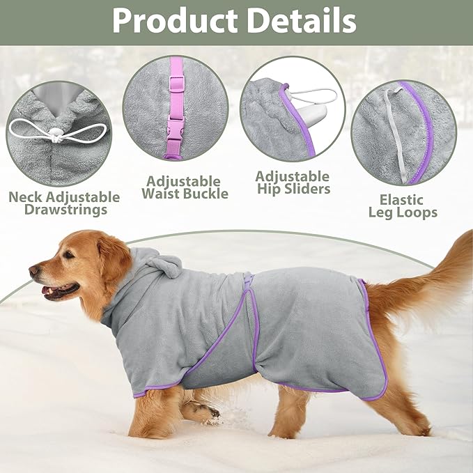 Dog Bathrobe Super Absorbent Towel Robe - Microfiber Bath Towels Fast Drying Coat for Dogs, Cute Dogs Clothes Adjustable Collar & Belly Strap Warm Keeping Hooded Dog Towel (Grey, Large)