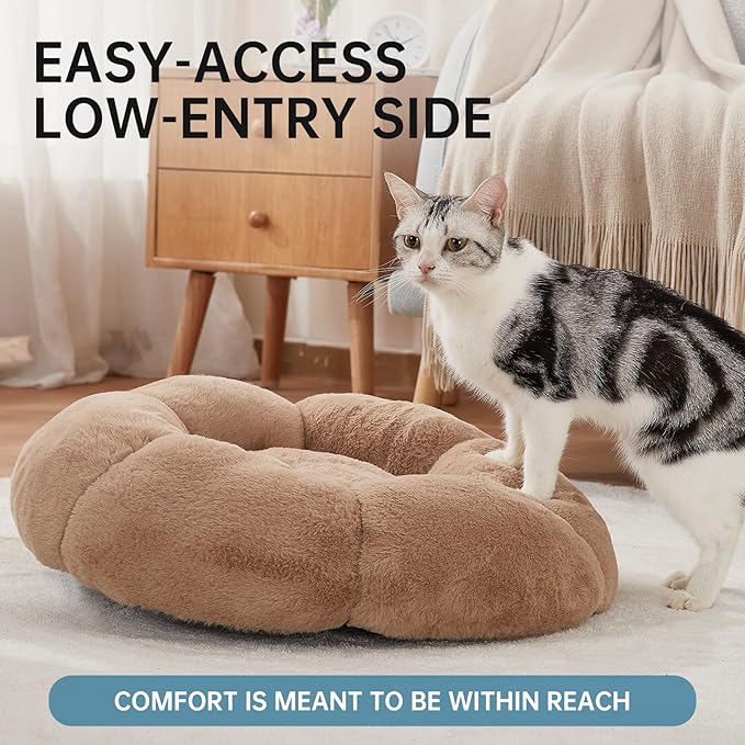 OhGeni 20 inches Calming Donut Dog & Cat Bed for Small Pets, Warming Comfort Fluffy Short Pile Fur, Durable Machine Washable Bed, Cute Round Bed for Puppy and Kitten, Camel