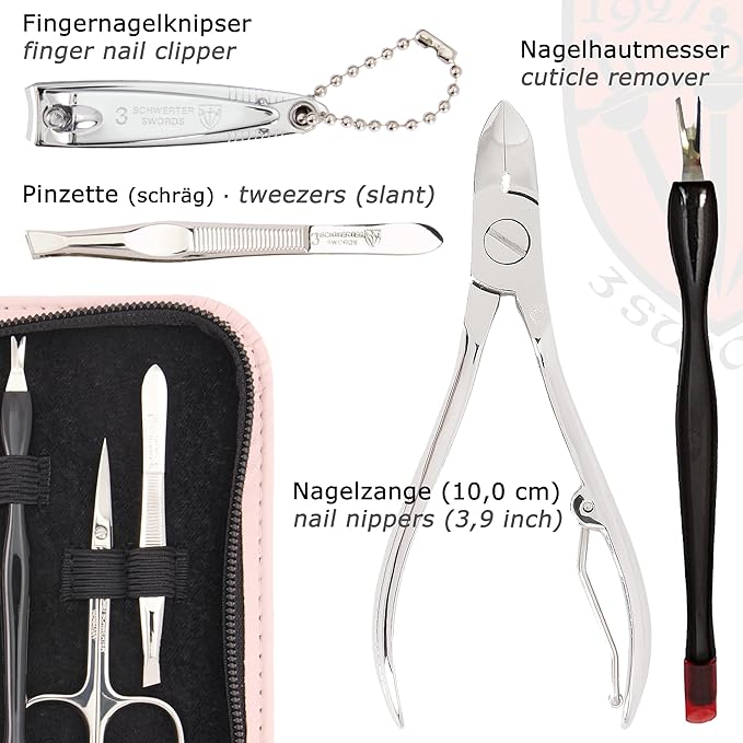 3 Swords Germany - brand quality 6 piece manicure pedicure grooming kit set fashion leather case light pink, Made in Germany