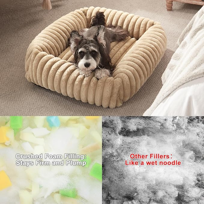 FURTIME Dog Bed for Small Medium Dog, Washable Orthopedic Pet Bed with Removable Cover, Rectangle Soft Calming Sleeping Puppy Bed Durable Pet Cuddler with Anti-Slip Bottom, Beige, M (25"x21"x7")