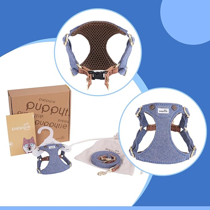 Puppytie No Pull Small Dog Harness with Multifunction Dog Leash,Lightweight Soft Adjustable No Choke Escape Proof Pet Harness Vest Pet Harness Vest,Denim Light Blue,S