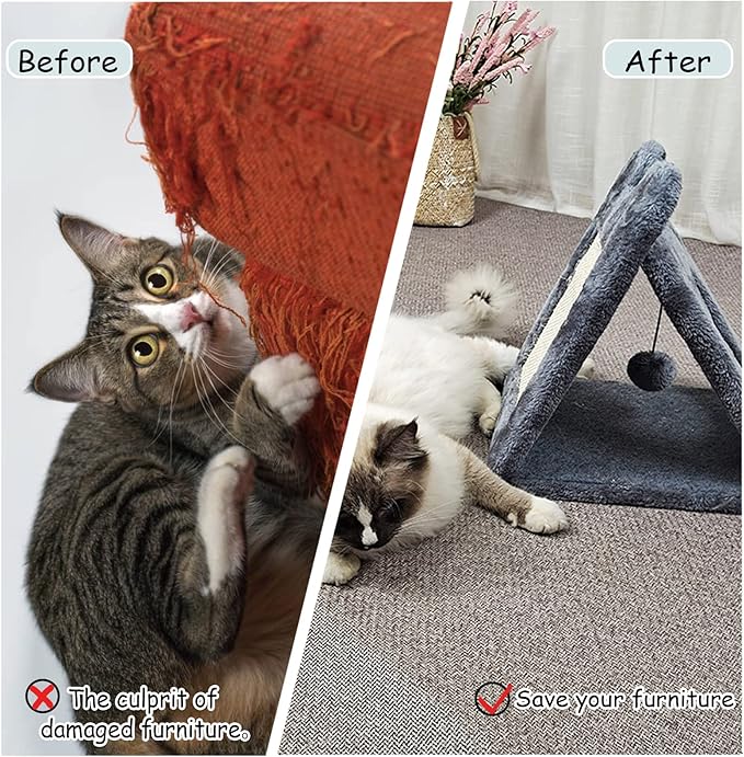 Fhiny Triangle Cat Scratching Post, Natural Sisal Cat Standing Scratch Board with Hanging Plush Ball Toy Pet Cave Nest Indoor Cats Pads Activity Center for Keeping Away from Furniture