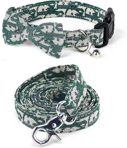 Bowtie Collars for Big Dogs, Elegant Puppy Collars with Leash Set, Dog Collars with Bowtie Adjustable 15.7"-20.9", Green, L