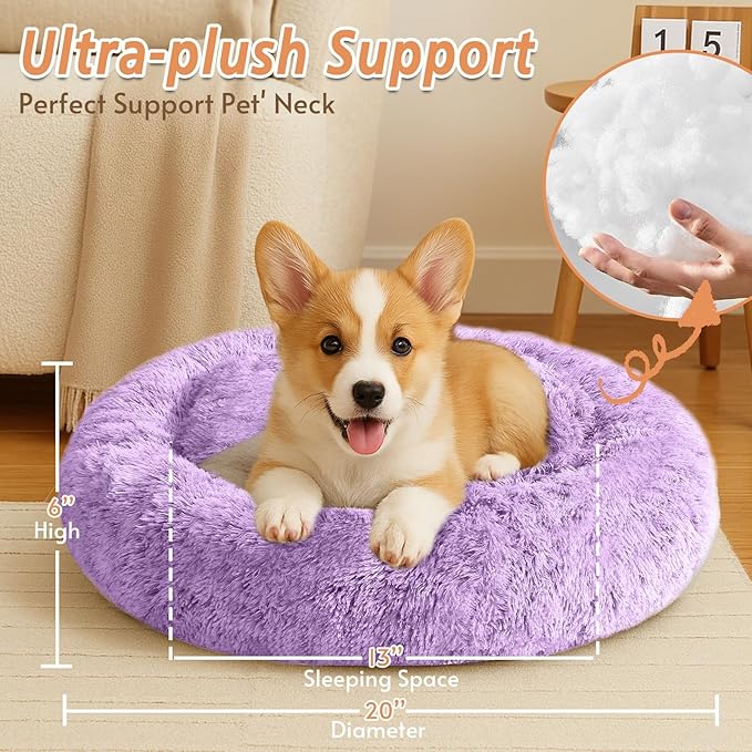 JOLLYVOGUE Calming Small Dog & Cat Bed for Indoor Cats - 20 inches Washable Donut Bed for Kittens & Puppies, Anti-Anxiety Round Fluffy Plush Pet Beds (Fits up to 15 lbs, Purple)