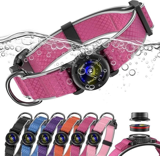 AirTag Dog Collar with QR Code ID & Waterproof Holder - Reflective, Durable Padded Oxford Collar Compatible with Apple AirTags for Small Puppy Dogs (Rose Red, S)