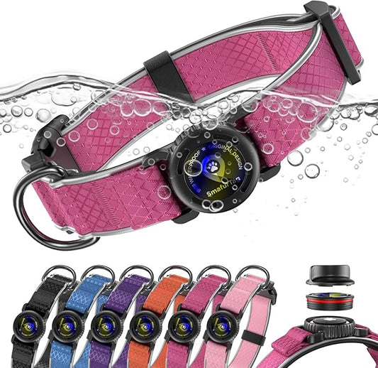 AirTag Dog Collar with QR Code ID & Waterproof Holder - Reflective, Durable Padded Oxford Collar Compatible with Apple AirTags for Small Puppy Dogs (Rose Red, S)