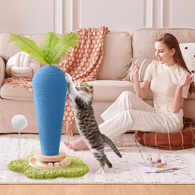 Cute Cat Scratching Post, Carrot Cat Scratcher Post with Durable Natural Wooden Turntable Toy and Catnip, 24'‘ H Blue Carrot Shape Design Sisal Cat Tree Sisal Scratcher for Indoor Cats (Cloud Base)