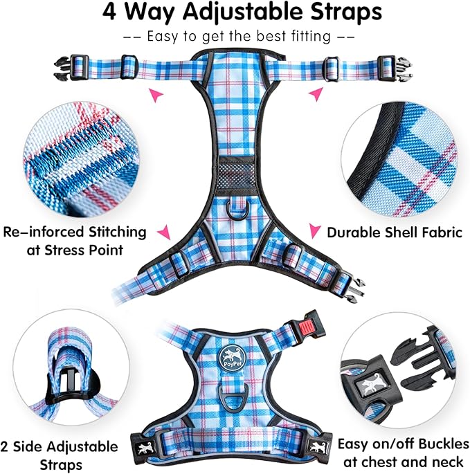 PoyPet Plaid Dog Harness, No Pull Front Clip Pet Vest Harness, Soft Padded Reflective Adjustable Walking Harness with Handle for Large Medium Small Dogs(Checkered Blue, L)