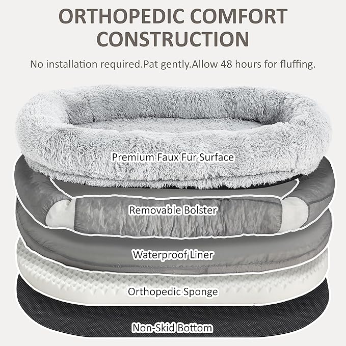 71" Human Dog Bed for Adult, Giant Orthopedic Memory Foam Dog Sofa Bed, Large Oversize Washable Faux Fur Pet Couch with Plump Pillow, Blanket, Strap - Light Grey