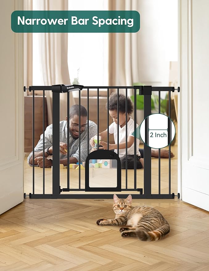 Babelio Upgraded Baby Gate with Cat Door, 29-43" Auto Close Durable Dog Gate for Stairs, Doorways and House, Easy Walk Thru Safety Gate with Pet Door Includes 4 Wall Cups, Black